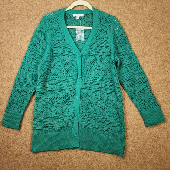 NWOT Liz Claiborne Women Green Button-Up L/S Cardigan XL V-Neck Open Weave Knit - Picture 1 of 9